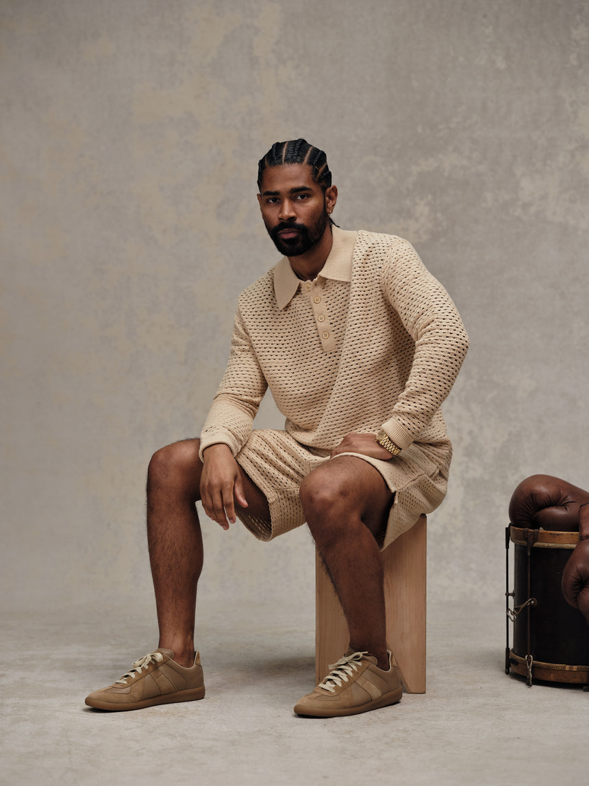 Tan Beach Knit Woven Polo Shirt